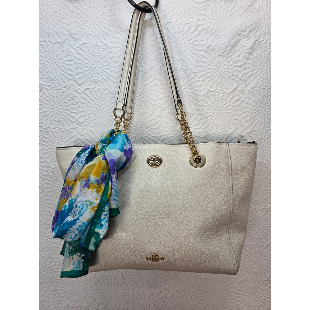 Coach Turnlock Chain Tote 27 Womens Medium Chalk White Good‎ Leather Bag 57107